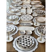 Rossev Feza Taj Desenli 90 Parça 12 Kişilik Stoneware Kahvaltı Takımı Beyaz-Siyah