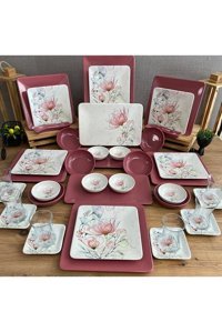 Classhouse Çiçek Kare Desenli 41 Parça 6 Kişilik Stoneware Kahvaltı Takımı Pembe