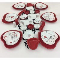 Keramika Kalp Peri Masalı Kalp Desenli 32 Parça 6 Kişilik Seramik Kahvaltı Takımı Beyaz-Kırmızı