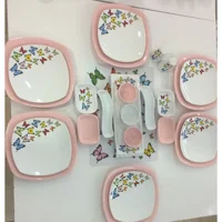 Keramika Kelebek Kare Desenli 24 Parça 6 Kişilik Seramik Kahvaltı Takımı Açık Pembe