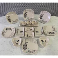 Keramika Retro Kalp-Kare Desenli 16 Parça 6 Kişilik Seramik Kahvaltı Takımı Beyaz
