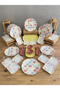 Demet Çeyiz Colors Yuvarlak Desenli 46 Parça 12 Kişilik Stoneware Kahvaltı Takımı Çok Renkli
