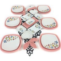 Keramika Kelebek Kare Desenli 27 Parça 6 Kişilik Seramik Kahvaltı Takımı Beyaz-Pembe