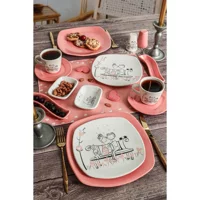 Keramika Tatlı Düş Desenli 14 Parça 2 Kişilik Seramik Kahvaltı Takımı Beyaz-Pembe