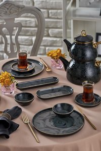 Neva Bitter Gülriz N3163 Desenli 26 Parça 6 Kişilik Seramik Kahvaltı Takımı Siyah