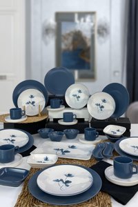 Keramika Blue Magic Yuvarlak Desenli 34 Parça 6 Kişilik Stoneware Kahvaltı Takımı Beyaz-Mavi