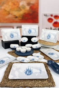 Keramika Blue Magicsiera Kare Desenli 23 Parça 6 Kişilik Seramik Kahvaltı Takımı Beyaz-Mavi