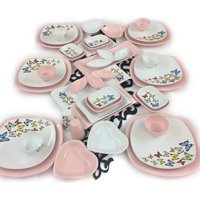 Keramika Kelebek Kare Desenli 43 Parça 6 Kişilik Seramik Kahvaltı Takımı Beyaz-Pembe