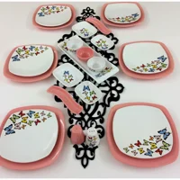 Keramika Kelebek Kare Desenli 24 Parça 6 Kişilik Seramik Kahvaltı Takımı Beyaz-Pembe