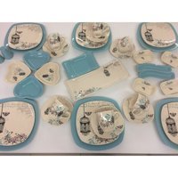 Keramika Retro Desenli 38 Parça 6 Kişilik Seramik Kahvaltı Takımı Beyaz-Mavi