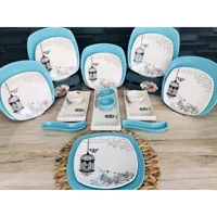 Keramika Retro Kare Desenli 21 Parça 6 Kişilik Seramik Kahvaltı Takımı Beyaz-Mavi