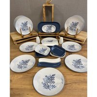 Demet Çeyiz Blue Magic Yuvarlak Desenli 24 Parça 12 Kişilik Stoneware Kahvaltı Takımı Beyaz