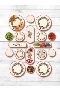Mehay Home Handmade Desenli 18 Parça 4 Kişilik Seramik Kahvaltı Takımı Kırmızı
