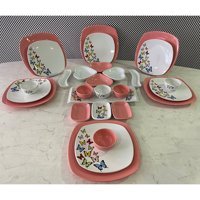 Keramika Dance Of Butterfly Kalp-Kare Desenli 28 Parça 6 Kişilik Seramik Kahvaltı Takımı Beyaz-Pembe