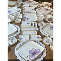 Rossev Violet Desenli 70 Parça 6 Kişilik Porselen Kahvaltı Takımı Beyaz