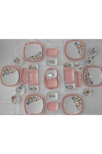 Keramika Dance Of Butterfly Kare Desenli 39 Parça 6 Kişilik Seramik Kahvaltı Takımı Beyaz-Pembe