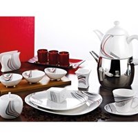 Falez Elegance Kare Desenli 43 Parça 6 Kişilik Porselen Kahvaltı Takımı Kırmızı