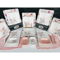 Keramika Bahar Kare Desenli 20 Parça 6 Kişilik Seramik Kahvaltı Takımı Beyaz-Pembe