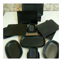 Keramika Mat Siyah Kare-Oval 13 Parça 6 Kişilik Seramik Kahvaltı Takımı Siyah