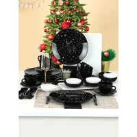 Keramika Winter Night Yuvarlak Desenli 31 Parça 6 Kişilik Seramik Kahvaltı Takımı Beyaz-Siyah