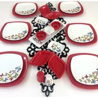 Keramika Dance Of Butterfly Kare Desenli 24 Parça 6 Kişilik Seramik Kahvaltı Takımı Beyaz-Kırmızı