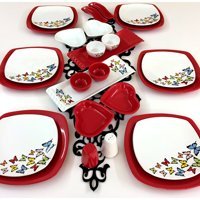 Keramika Dance Of Butterfly Kare Desenli 26 Parça 6 Kişilik Seramik Kahvaltı Takımı Beyaz-Kırmızı