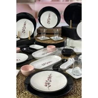 Keramika Sakura Desenli 36 Parça 6 Kişilik Seramik Kahvaltı Takımı Beyaz-Siyah