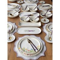 Rossev Spring Desenli 76 Parça 6 Kişilik Porselen Kahvaltı Takımı Beyaz