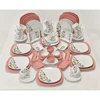 Keramika Kelebek Desenli 64 Parça 12 Kişilik Seramik Kahvaltı Takımı Beyaz-Pembe