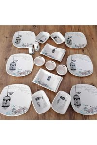 Demet Çeyiz Retro Kare Desenli 17 Parça 6 Kişilik Stoneware Kahvaltı Takımı Beyaz
