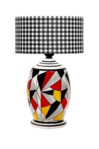 Vinner Handmade Geometric Coated Siyah Beyaz Ekose Tekli Porselen Tek Ayak Abajur Mavi