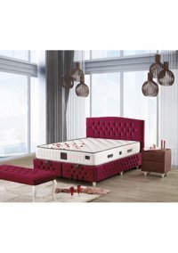 Soft 180 x 200 cm Ayrılabilen Yataklı Başlıklı Çift Kişilik Sandıklı Baza Seti Kırmızı