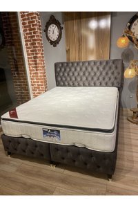 Canpolat Pazarlama Prestij 160 x 200 cm Ayrılabilen Başlıklı Çift Kişilik Sandıklı Baza Seti Antrasit