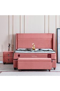 Weltew Yatak Natural 160 x 200 cm Başlıklı Çift Kişilik Sandıklı Baza Seti Pembe