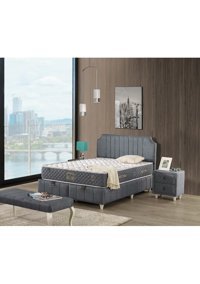 Mobilya Dükkanım Bernita 180 x 200 cm Yataklı Başlıklı Çift Kişilik Sandıklı Baza Seti Gri