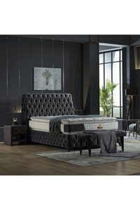 Flora Beddıng Eva 150 x 200 cm Yataklı Başlıklı Çift Kişilik Sandıklı Baza Seti Gri