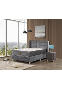 Mobilya Dükkanım Yaren 150 x 200 cm Yataklı Başlıklı Çift Kişilik Sandıklı Baza Seti Gri