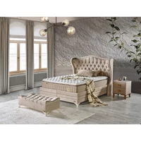 Arleno Bedding Polo 160 x 200 cm Ayrılabilen Yataklı Başlıklı Çift Kişilik Sandıklı Baza Seti Krem