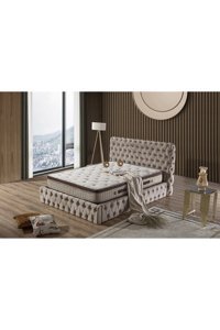 Hammak Home Premium 150 x 200 cm Yataklı Başlıklı Çift Kişilik Baza Seti Bej