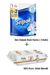 Selpak Dev 3 Katlı Tekli Rulo Kağıt Havlu + 1 Paket 90'lı Pure Baby Islak Mendil