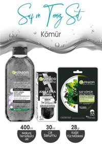 Garnier Saf Kömür Siyah Nemlendiricili Kağıt Yüz Maskesi 28 gr + Aha + Bha Cilt Kusurları Karşıtı Serum 30 ML + Micellar Kömür Kusursuz Makyaj Temizleyici Jel 400 ML