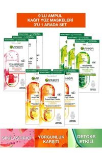 Garnier 3'ü 1 Arada Seti Nemlendiricili Kağıt Yüz Maskesi 9 Adet