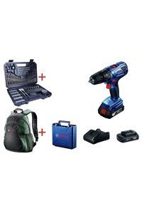Bosch GSB 180-Li 18 V 1.5 Ah Kömürsüz Darbeli Akülü Vidalama Makinesi + 103 Parça Aksesuar Seti ve Sırt Çantası