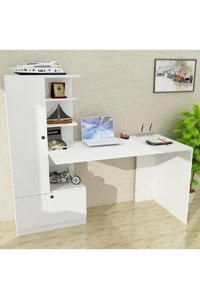 Aden Home Mira Dolaplı Çekmeceli Kitaplıklı MDF Çalışma Masası Beyaz