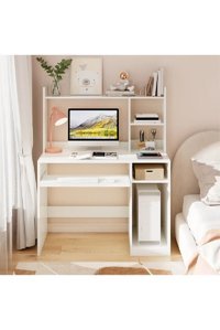 Aden Home Kitaplıklı 4 Raflı MDF Çalışma Masası Beyaz
