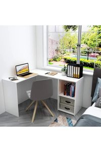 Aden Home Kitaplıklı MDF L Çalışma Masası Beyaz