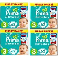Prima Aktif Bebek 3 Numara Cırtlı Bebek Bezi 4x62 Adet