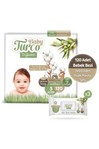 Baby Turco Doğadan 5 Numara Organik Cırtlı Bebek Bezi 120 Adet+Islak Bebek Havlusu 3 Adet