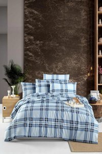 Helenito Ranforce Dört Mevsim 160 x 220 cm Ekoseli Tek Kişilik Nevresim Takımı Açık Mavi
