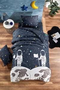 Laliva Pamuk Ranforce Dört Mevsim 160 x 220 cm Lastikli Astronot Uzaylı Tek Kişilik Nevresim Takımı Siyah